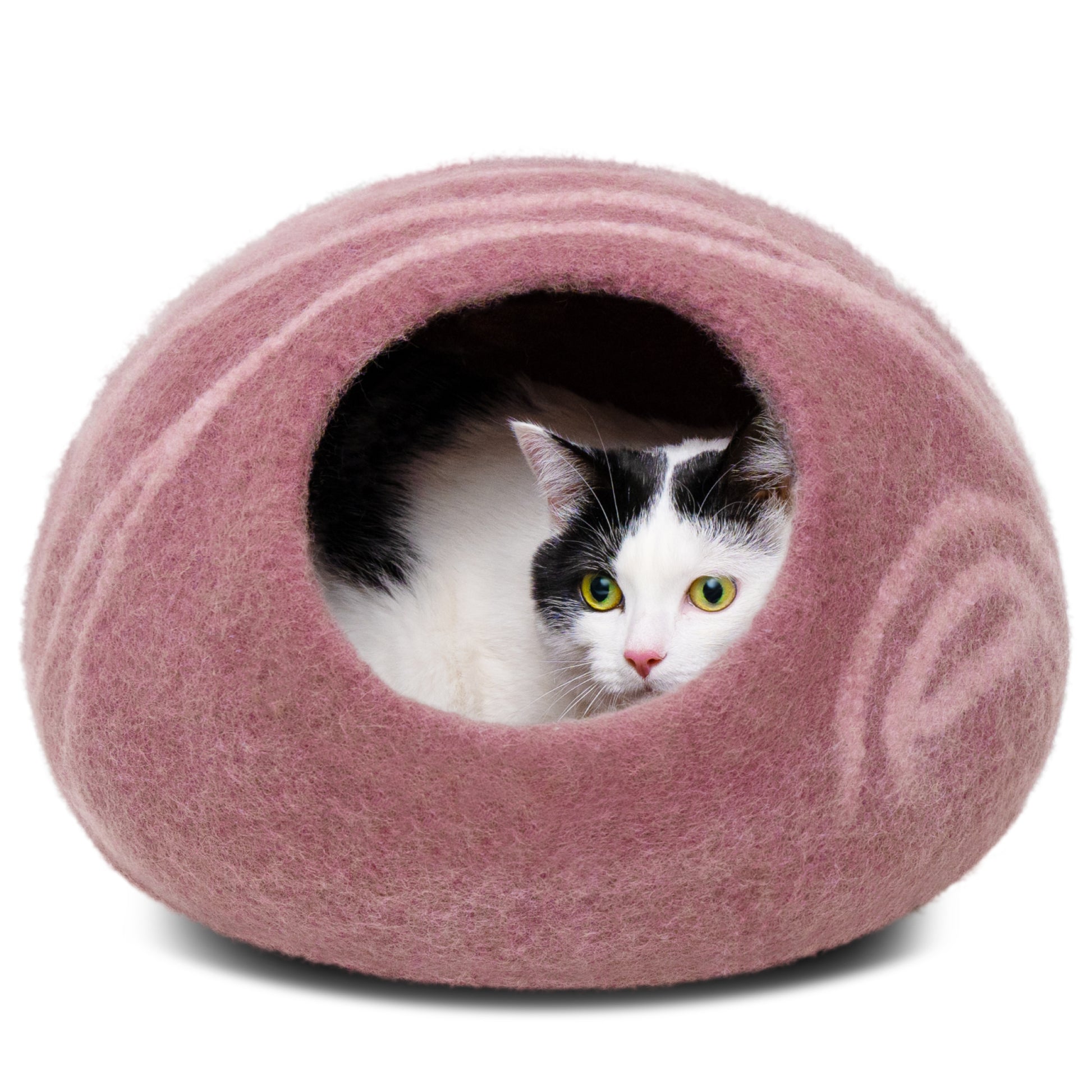 a cat sits inside a pink cat cave