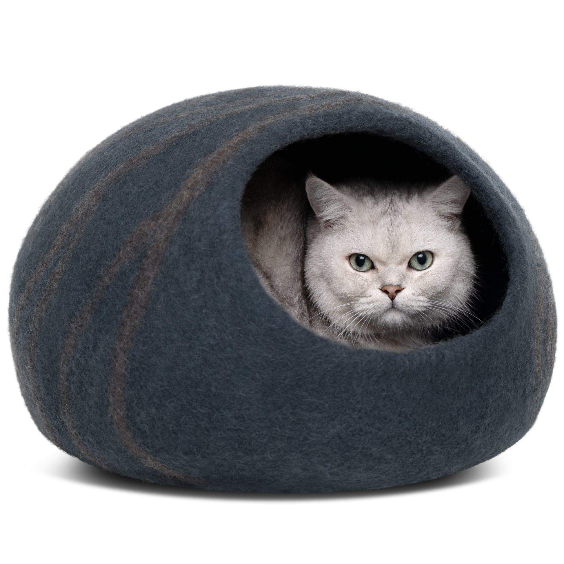 a cat sits inside a slate grey cat cave